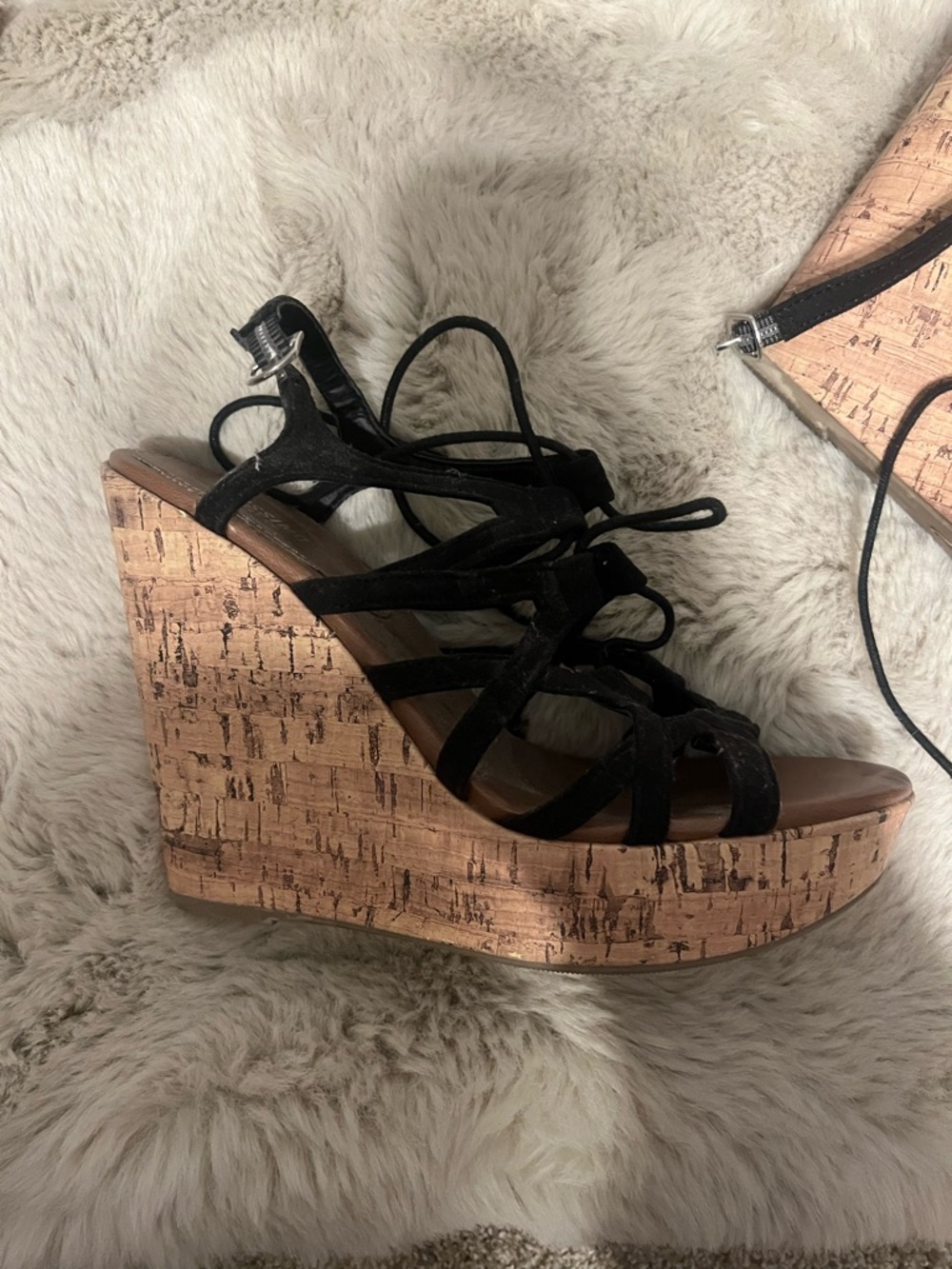 Black Strappy Cork Wedge Sandals - Women's
